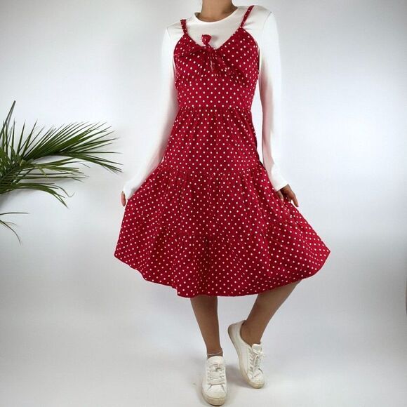 Vintage Y2K Twee Pin Up Red & White Polka Dot A Line Midi Dress / Size: Large - Picture 1 of 4